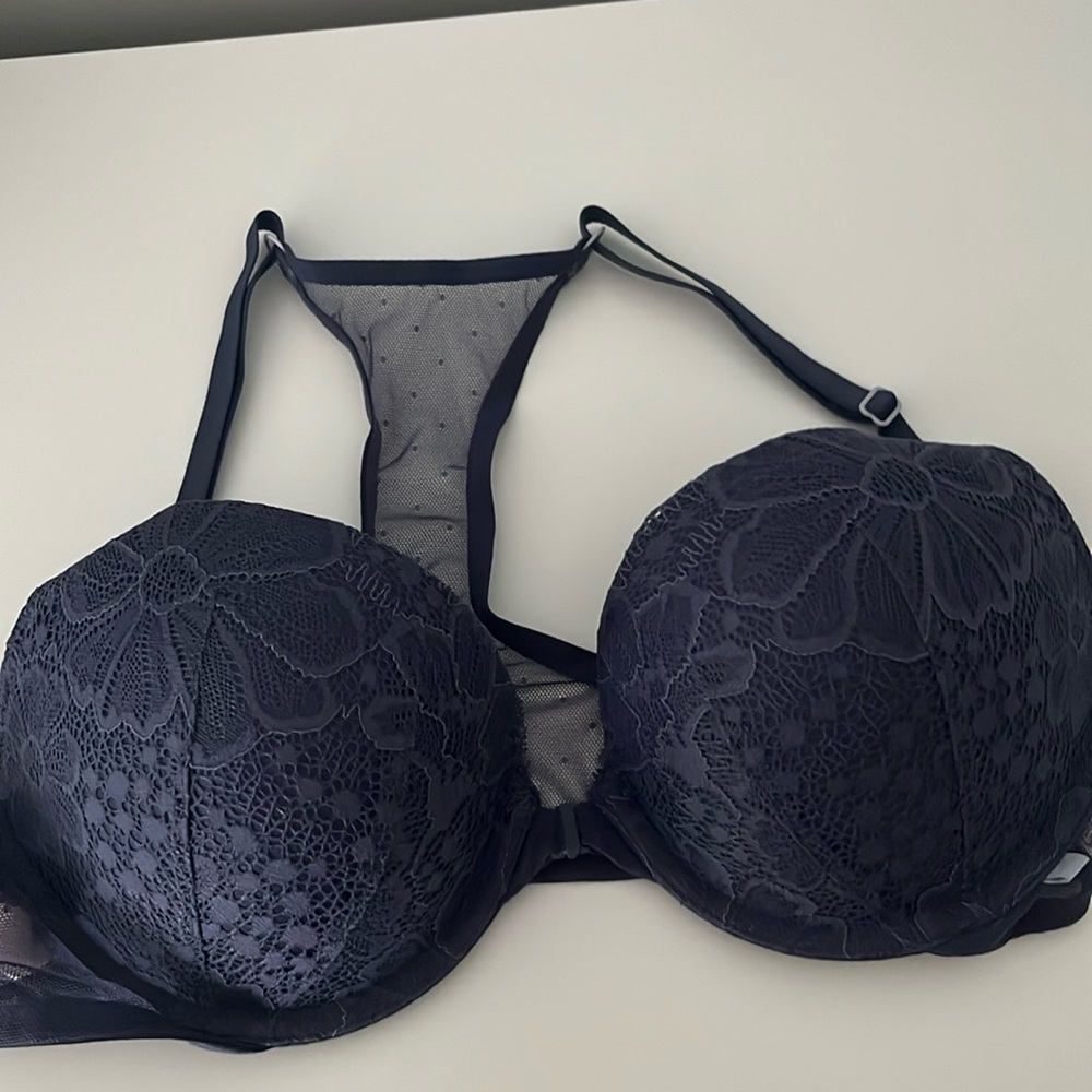 Navy blue push up bra from VS. Sheer racerback detail, size 38B